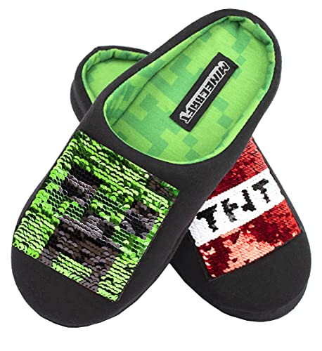 Minecraft - Pantuflas Negras para Niños - Pantuflas de Minecraft con Lentejuelas Reversibles - Diseño del Creeper de Minecraft y Caja de TNT - Pantuflas para Niños Talla UK 3/EUR 35, Edad 10