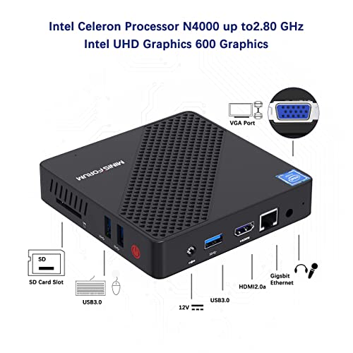 Mini PC Intel Celeron N4020 (hasta 2.8GHz), DDR4 4GB / 64GB eMMC, Windows 10 Pro, Intel UHD Graphics 600, Mini computadora sin Ventilador 4k @ 60Hz HDMI y VGA, USB3.0, 2.4/5.8G Wi-Fi, BT4.2