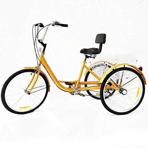 MINUS ONE Triciclo para adultos adultos triciclo bicicleta con 3 ruedas, bicicleta para personas mayores, 24 pulgadas, 6 marchas Shimano (amarillo sin luz)