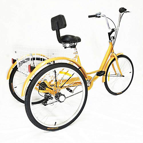 MINUS ONE Triciclo para adultos adultos triciclo bicicleta con 3 ruedas, bicicleta para personas mayores, 24 pulgadas, 6 marchas Shimano (amarillo sin luz)