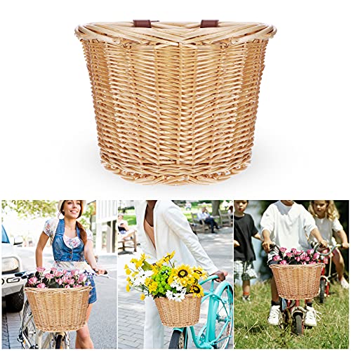 Miouldram Cesta de bicicleta vintage Wicker para bicicleta, cesta tejida a mano, cesta de bicicleta única, correa de piel marrón claro, manillar delantero, cesta de ratán para niños, niñas, bicicleta