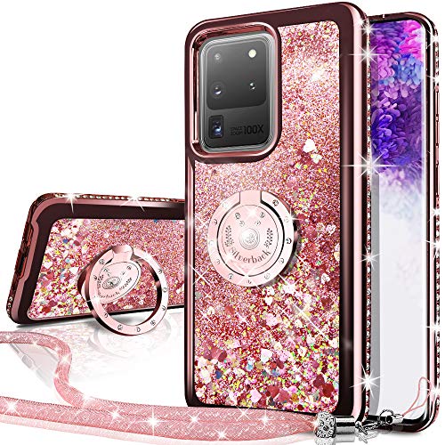 Miss Arts Funda Samsung Galaxy S20 Ultra 5G, [Silverback] Carcasa Brillante Purpurina con Soporte, Transparente Cristal Telefono Fundas Case Cover para Samsung Galaxy S20 Ultra 5G -Rose Oro