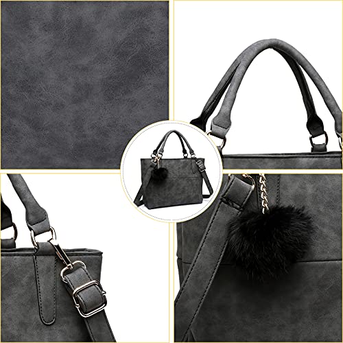 Miss Lulu Casual Elegante Manija superior Bolso Imitación Nubuck Cuero Bolso con Compartimiento Mullido Pelota peluda Colgante (Negro)