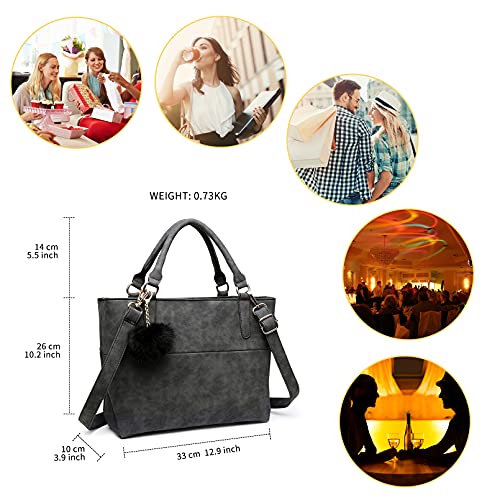 Miss Lulu Casual Elegante Manija superior Bolso Imitación Nubuck Cuero Bolso con Compartimiento Mullido Pelota peluda Colgante (Negro)