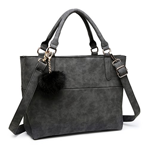 Miss Lulu Casual Elegante Manija superior Bolso Imitación Nubuck Cuero Bolso con Compartimiento Mullido Pelota peluda Colgante (Negro)