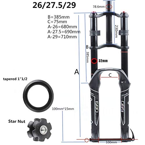 MJCDNB DH Horquilla de suspensión de Bicicleta 26/27,5/29"MTB hidráulico Freno de Disco de Doble Hombro Aleación de magnesio Amortiguación de Rappel DH/Am/FR Recorrido 130 mm