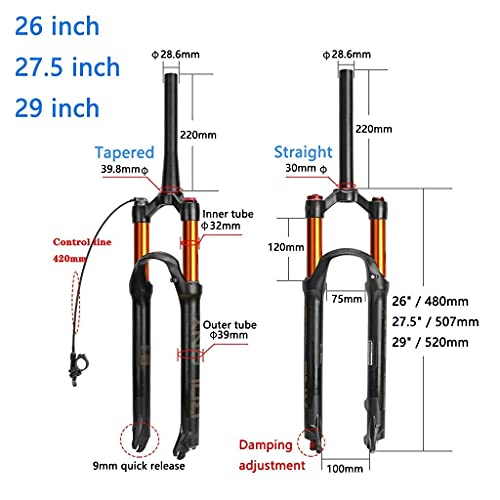 MJCDNB Horquilla de Aire para Bicicleta de montaña MTB 26/27.5/29 Pulgadas, 1-1/8 Recorrido Recto 120 mm Horquillas de suspensión MTB ultraligeras QR 9 mm