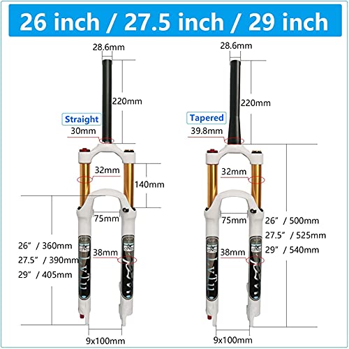 MJCDNB Horquilla de Aire para Bicicleta MTB 26/27.5/29 Pulgadas Blanco, 140 mm de Recorrido, 1-1/8", 9 mm QR, Horquillas de suspensión de aleación Ligera para Bicicleta de montaña (Color: Bloque