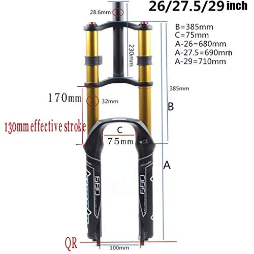 MJCDNB Horquilla de suspensión de Bicicleta 26/27,5/29"MTB Doble Hombro hidráulico Rappel Freno de Disco de amortiguación DH/Am/FR 1-1/8" QR Travel 130mm