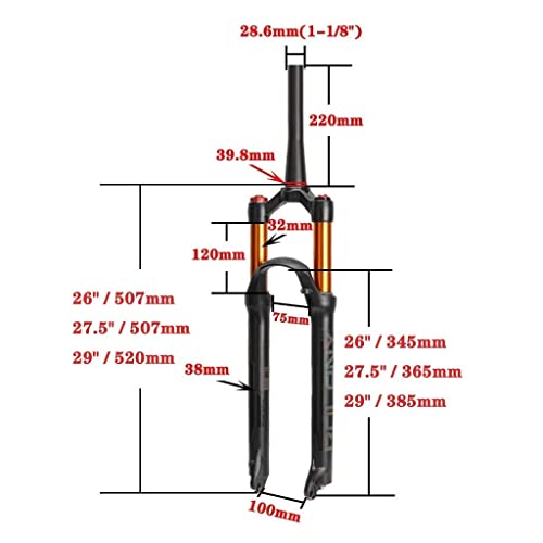 MJCDNB Horquilla de suspensión MTB, cónica 1-1/8"Horquillas neumáticas de aleación Ligera 26/27.5/29 Pulgadas Control de Hombro/Bloqueo Remoto