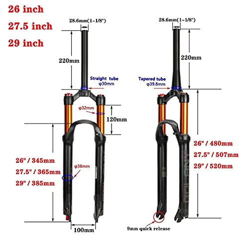 MJCDNB Horquilla de suspensión neumática MTB 26 27,5 29, Recorrido 140 mm Ajuste de Rebote Horquillas Delanteras de Bicicleta de montaña Tubo Recto/cónico Aleación de magnesio Ultraligera