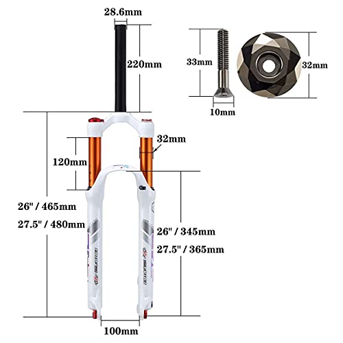 MJCDNB Horquilla de suspensión para Bicicleta de montaña, aleación de magnesio, Horquillas Delanteras MTB de 26/27,5 Pulgadas, cámara de Aire Doble con Tapa Superior
