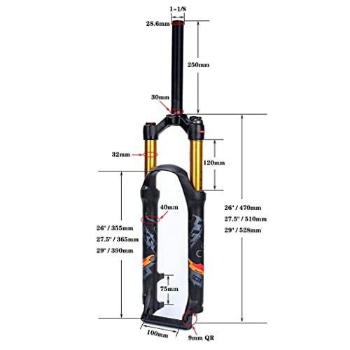 MJCDNB Horquillas de suspensión de aleación de Bicicleta de montaña 26 27,5 29 Pulgadas 9 mm (QR) Recorrido: 120 mm MTB Air Fork 1-1/8