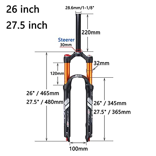 MJCDNB Horquillas Delanteras Bicicleta de montaña 26/27.5 Pulgadas, 1-1/8"Horquillas de suspensión de Descenso MTB, Horquillas de Aire para Bicicleta, Aleación Ultraligera