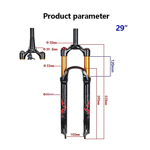 MJCDNB MTB Air Horquilla Delantera cónica Recta 26/27.5/29 Pulgadas Bicicleta Ligera Amortiguador Aleación de Aluminio-magnesio Bloqueo Manual/Remoto Tubo Dorado + Símbolo Rojo CN