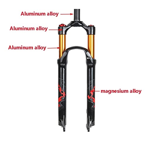 MJCDNB MTB Air Horquilla Delantera cónica Recta 26/27.5/29 Pulgadas Bicicleta Ligera Amortiguador Aleación de Aluminio-magnesio Bloqueo Manual/Remoto Tubo Dorado + Símbolo Rojo CN