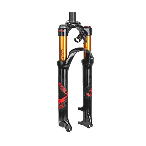 MJCDNB MTB Air Horquilla Delantera cónica Recta 26/27.5/29 Pulgadas Bicicleta Ligera Amortiguador Aleación de Aluminio-magnesio Bloqueo Manual/Remoto Tubo Dorado + Símbolo Rojo CN