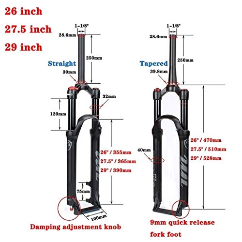 MJCDNB MXFK-01 Suspensión de Horquilla Delantera para Bicicleta de montaña 26 27.5 29 Pulgadas, Horquilla de Aire con Amortiguador de MTB para Ciclismo de Descenso - Negro