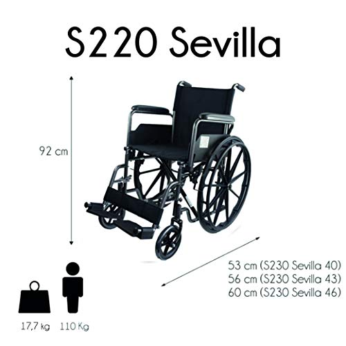 Mobiclinic, modelo S220 Sevilla, Silla de ruedas plegable premium, autopropulsable, ortopédica, para minusválidos, reposapiés y reposabrazos abatibles, color Negro, asiento 46 cm, ultraligera