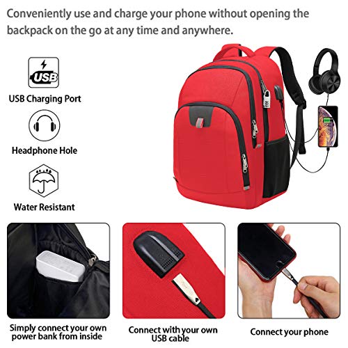 Mochila Antirrobo Impermeable,Mochila Portátil Hombre 17.3 Pulgadas Puerto USB Impermeable Trabajo Ordenador Viaje Negocio Multifuncional Daypacks Rojo