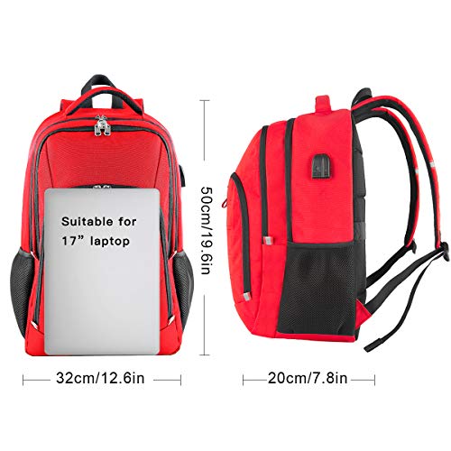 Mochila Antirrobo Impermeable,Mochila Portátil Hombre 17.3 Pulgadas Puerto USB Impermeable Trabajo Ordenador Viaje Negocio Multifuncional Daypacks Rojo