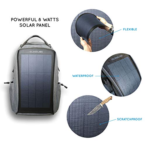 Mochila Impermeable con Panel Solar, Bolsa portátil con Paneles solares Flexibles y potentes para una Carga Solar rápida Incl Puerto USB Externo, células solares Resistentes a los arañazos, Gris