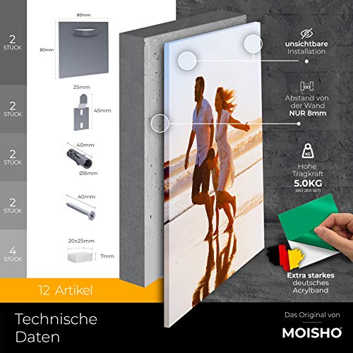 MOISHO® [Juego de 2] Soporte autoadhesivo para cuadros y espejos – Aluminio Dibond y acrílico imagen colgador set de montaje para cuadros y espejos – Chapa antiadherente soporte de pared