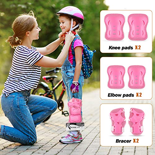 MoKo Conjuntos de Patinajes Niños Consta de Ajustables Rodilleras Coderas Muñequeras, 6 en 1 Protección Patines Infantiles para Skate Bicicleta Ciclismo Monopatín Deporte, Talla S, Rosa Clara