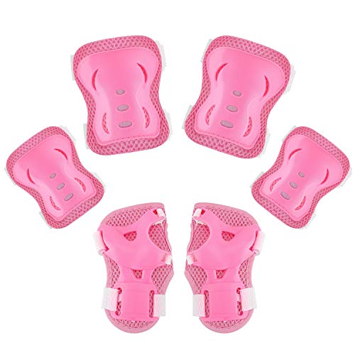 MoKo Conjuntos de Patinajes Niños Consta de Ajustables Rodilleras Coderas Muñequeras, 6 en 1 Protección Patines Infantiles para Skate Bicicleta Ciclismo Monopatín Deporte, Talla S, Rosa Clara