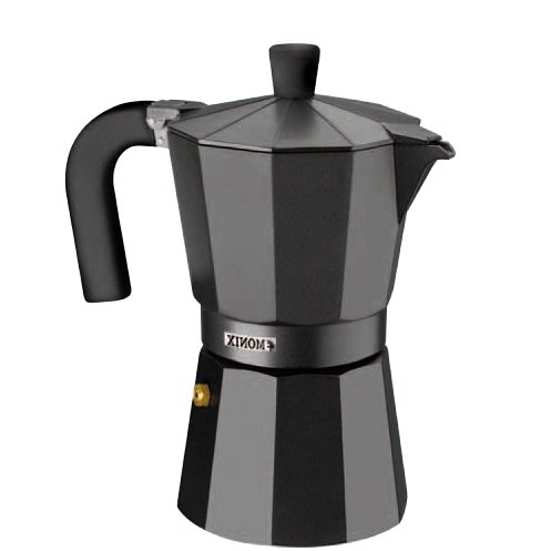 Monix Vitro Noir – Cafetera Italiana de aluminio, capacidad 6 tazas, apta para todo tipo de cocinas salvo inducción 18 x 15 x 12.5 cm