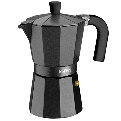 Monix Vitro Noir – Cafetera Italiana de aluminio, capacidad 6 tazas, apta para todo tipo de cocinas salvo inducción 18 x 15 x 12.5 cm