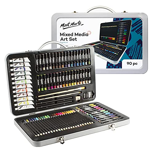 Mont Marte Set Pintura Premium Esencial - 90 piezas - Set de Dibujo de alta calidad en elegante Maletín de Metal - Ideal para regalar - Perfecto para Niños, Principiantes, Profesionales y Artistas