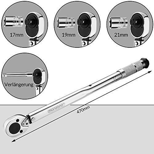 Monzana Llave dinamométrica para accionamiento cuadrado 1/2' con 3 accesorios y caja de transporte