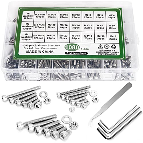 MOOING 1080 Pcs Juego de Tornillos y Tuercas, M2 M3 M4 acero inoxidable Arandelas de tornillos y tuercas,Juego de surtido de tornillos de cabeza hueca hexagonal,con caja de Almacenamiento,llave Allena