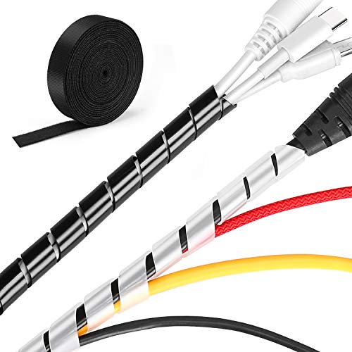 Mosotech 2 Pack Organizador Cables, 5.1M Espiral Cubre Cables Universal con 3.1M DIY Negro Bridas Cortable, Antienvejecimiento Flexible Recoge Cables para Escritorio, PC Escritorio, Oficina, Hogar