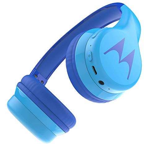 Motorola Squads 300 - Auriculares Bluetooth para Niños - 24hrs - Volumen limitado 85dB, Flexible y duradero, Protección auditiva y función para compartir música, Cojín antialérgico (sin BPA) - Azul
