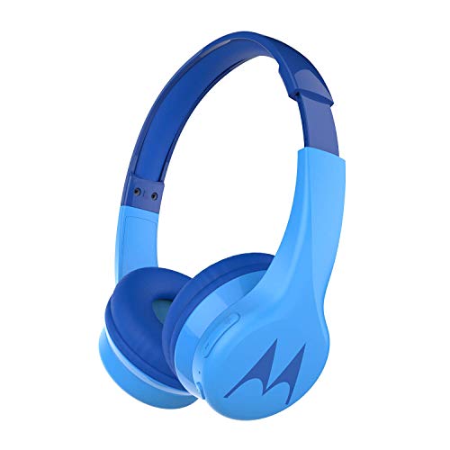 Motorola Squads 300 - Auriculares Bluetooth para Niños - 24hrs - Volumen limitado 85dB, Flexible y duradero, Protección auditiva y función para compartir música, Cojín antialérgico (sin BPA) - Azul