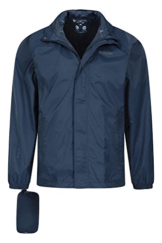 Mountain Warehouse Chaqueta Impermeable para Hombre Pakka - Chaqueta Plegable con Capucha, Abrigo para Hombre con Bandas Reflectantes, Chaqueta Ligera para la Lluvia Azul Marino M