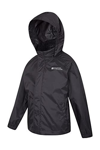 Mountain Warehouse Chaqueta Pakka para niños - Chubasquero y Cortavientos Transpirable, Repelente al Agua, con 2 Bolsillos y Plegable - Ideal para excursiones y Paseos Negro 9-10 Años