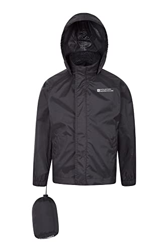 Mountain Warehouse Chaqueta Pakka para niños - Chubasquero y Cortavientos Transpirable, Repelente al Agua, con 2 Bolsillos y Plegable - Ideal para excursiones y Paseos Negro 9-10 Años