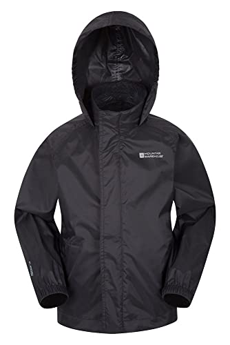 Mountain Warehouse Chaqueta Pakka para niños - Chubasquero y Cortavientos Transpirable, Repelente al Agua, con 2 Bolsillos y Plegable - Ideal para excursiones y Paseos Negro 9-10 Años