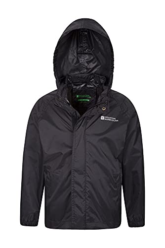 Mountain Warehouse Chaqueta Pakka para niños - Chubasquero y Cortavientos Transpirable, Repelente al Agua, con 2 Bolsillos y Plegable - Ideal para excursiones y Paseos Negro 9-10 Años