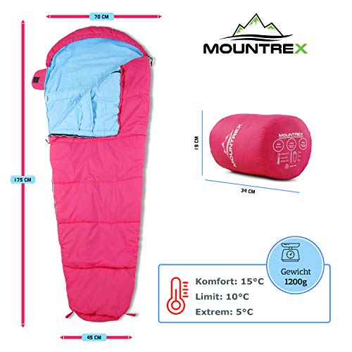 MOUNTREX® Saco de Dormir para niños – Portátil como una Mochila (175 x 70 x 45 cm) – Exterior, Viaje, Acampada, Camping – Saco de Dormir Momia Ligero y Compacto – 100% algodón Forro Interior