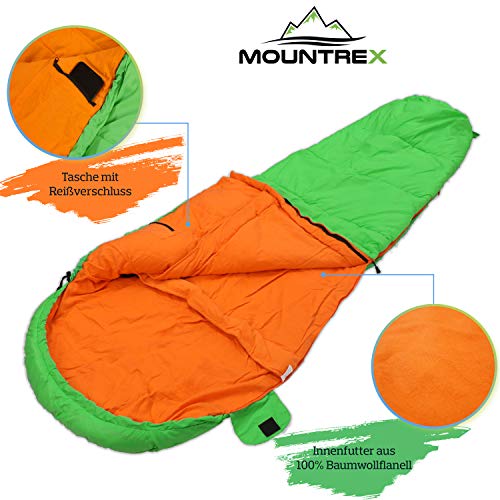 MOUNTREX Saco de dormir para niños, portátil como una mochila (175 x 70 x 45 cm), para exteriores, viajes, acampadas, camping, saco de dormir tipo momia, ligero y compacto, forro interior 100%