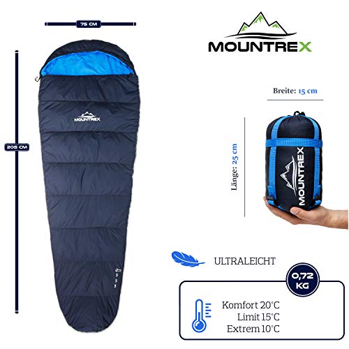 MOUNTREX® Saco de Dormir - Pequeño tamaño y Ultraligero (720 g) Exterior Verano Saco de Dormir - Tipo Momia (205 x 75 cm) Compacto, cálido y Ligero para Camping, Viajes o Festival