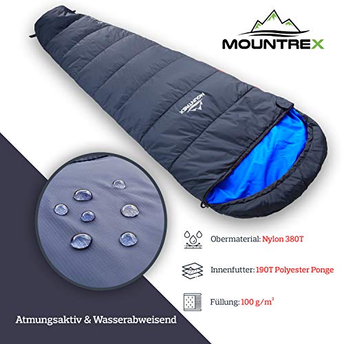 MOUNTREX® Saco de Dormir - Pequeño tamaño y Ultraligero (720 g) Exterior Verano Saco de Dormir - Tipo Momia (205 x 75 cm) Compacto, cálido y Ligero para Camping, Viajes o Festival