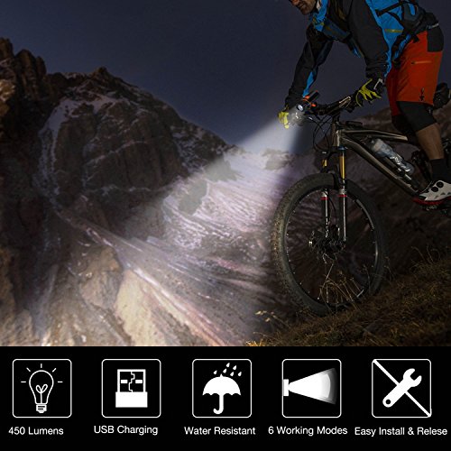 Movaty LED Bicicletas Luces, L30 Bicicleta Luces USB Bicicleta luz Recargable luz de luz Delantera Linterna Faro, 450 lúmenes, 3 Modos de luz