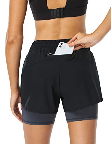 MOVE BEYOND Pantalón Corto de Running 2 en 1 para Mujer con Bolsillo con Cremallera Cordón Fitness Maratón Yoga Shorts, Negro y Gris Oscuro, L