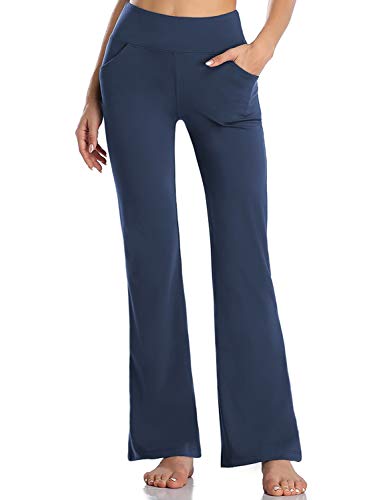 MOVE BEYOND Pantalones de Yoga Bootcut para Mujer con 4 Bolsillos Pantalón Corte de Bota de Cintura Alta para Vestir Pilates Fitness Entrenamiento, Largos, Azul, XL