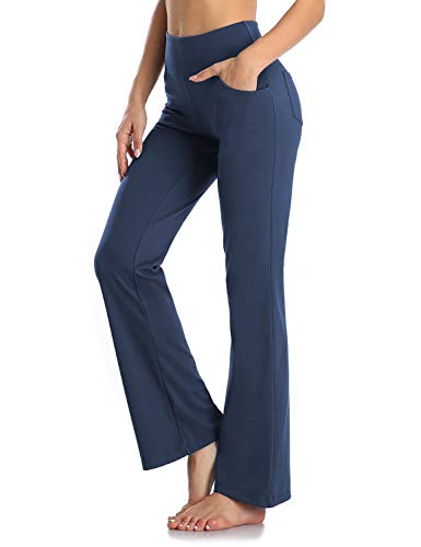 MOVE BEYOND Pantalones de Yoga Bootcut para Mujer con 4 Bolsillos Pantalón Corte de Bota de Cintura Alta para Vestir Pilates Fitness Entrenamiento, Largos, Azul, XL